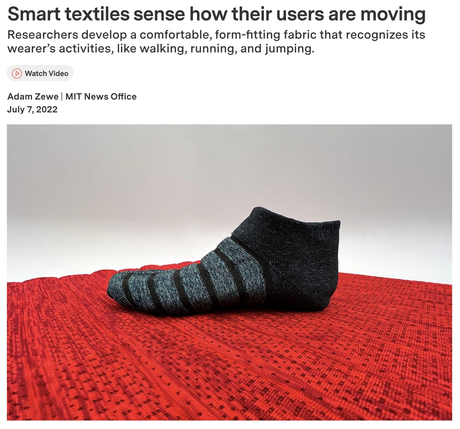 An article snippet about MIT research smart wearable socks